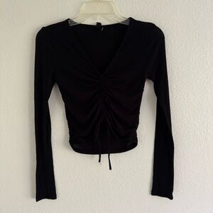Urban Outfitters Black Ruched V-Neck Long Sleeve Top